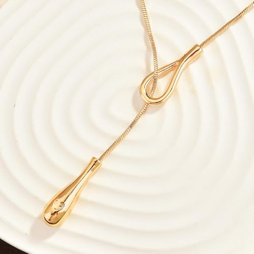 Y Shaped Water Drop Pendant Necklace for Women Adjustable Y Sliding Lariat Charm Necklace Fashion Stainless Steel Snake Chain Teardrop Jewelry Gift - color: Gold