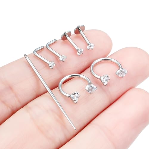 Horseshoe Nose Ring 18G Internally Threaded Nose Rings Hoops Surgical Steel Half Double Cubic Zirconia Nostril Studs Lip Eyebrow Helix Daith Ear Piercing Jewelry For Women - color: silvertone