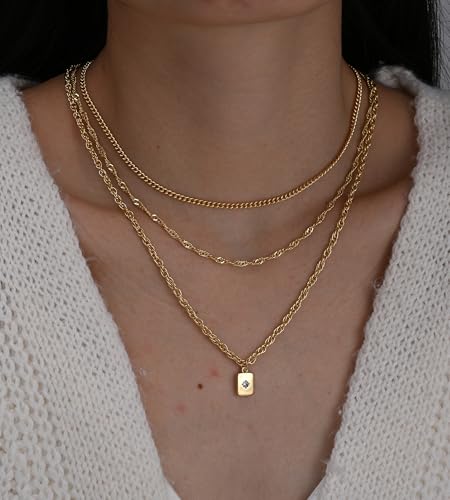 YEEZII Layered Gold Necklaces for Women Trendy, 3 Pcs 14K Gold Plated Choker Paperclip Box Chain Necklace, Stackable Women's Gold Pendant Necklaces Jewelry Set - color: Yellow Gold