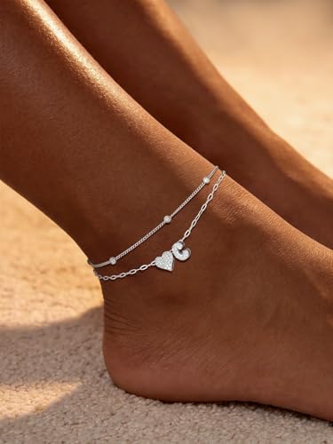 U7 Heart Initial Ankle Bracelets for Women Waterproof, Silver/14K Gold Plated Anklets CZ Initial Heart Anklets Stainless Steel Summer Beach Ankle Adjustable 8.5"-10.5" - color: Silver
