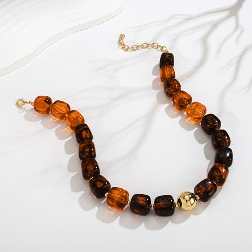 Chunky Beaded Necklace for Women Boho Statement Bead Necklace Adjustable Choker with Polished Disc/Square Beads Trendy Summer Beach Jewelry Gifts - color: Amber