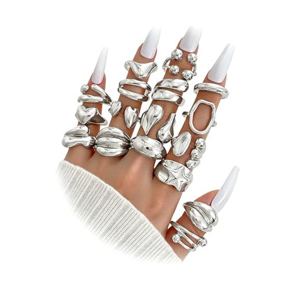 Chunky Rings for Women Non Tarnish 14k Stackable Dome Statement Rings Sets Vintage Dainty Knuckle Open Midi Finger Rings Jewelry Pack Gifts - style: Silvery 17 pieces