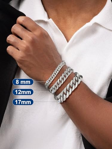 ChainsPro Miami Cuban Link Chain Bracelet for Men, 6/8/12/17mm, 7.5/8.3/9inch, 316L Stainless Steel/18K Gold Plated/Black No Tarnish Bracelets for Fathers' Day Husband, Send Gift Box - color: Silver