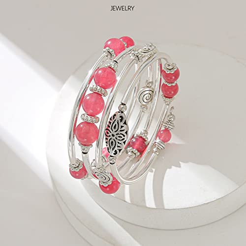 FULU AUTUMN Stackable Beaded Bracelets for Women Boho Wrap Silver Bracelet Layered Fashion Jewelry Gifts for Her - color: 17-Rose red