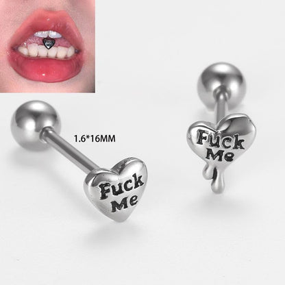 14G Stainless Steel Heart Tongue Rings Statement Lettering Tongue Barbell Tongue Piercing Jewelry (Style 1)