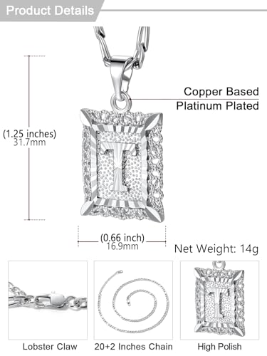 U7 Initial Letter Necklace for Men Women, 14K Gold/Silver Plated Square Capital Monogram Pendant Necklace from A-Z with 22+2 Inch Figaro Chain, Personalized Jewelry for Him - color: Silver, style: T