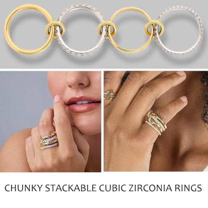 Gold Stackable Rings for Women Non Tarnish, 18k Gold Plated Cubic Zirconia Rings, Silver Multi-Link Connected Knuckle Women Stack Rings Set - color: Gold Silver, size: 7