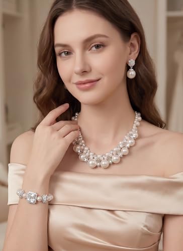 Pearl Necklace Set - Faux Pearl Earrings and Bracelets Jewelry Set for Women Wedding Bridal Shower Tea Party Accessories - style: 3pcs-silver