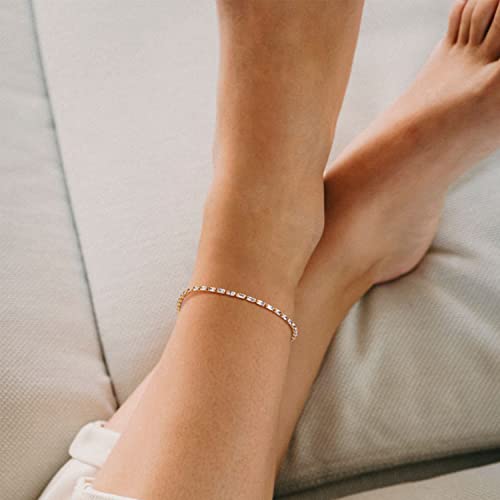 MEVECCO Anklet for Women Gold Chain 14K Gold Plated Dainty Boho Beach Summer Simple Foot Jewelry Ankle Bracelet - style: CZ Rectangle