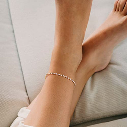 MEVECCO Anklet for Women Gold Chain 14K Gold Plated Dainty Boho Beach Summer Simple Foot Jewelry Ankle Bracelet - style: CZ Rectangle
