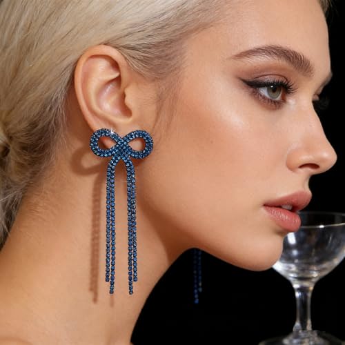 Rhinestone Earrings Dangling for Women Sparkly Silver Dangle Earrings Girls Long Chandelier Earrings Tassel Lightweight Ear Studs Cubic Zirconia (KE001S-W) - color: Bow 516286DY-BZ Coating Blue Zircon