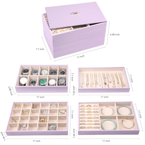 Voova Stackable Jewelry Organizer Tray with Lid (Set of 4, Lavender) | Stackable PU leather jewelry trays with drawer inserts for earrings, rings, necklaces, bracelets and watches; set of 4 - color: Lavender