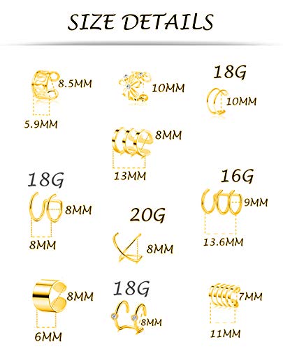 4-10 Pairs Stainless Steel Ear Cuff Helix Cartilage Clip On Wrap Earrings Fake Nose Ring Non-Piercing Adjustable - color: A1:10 Pairs, Gold Tone