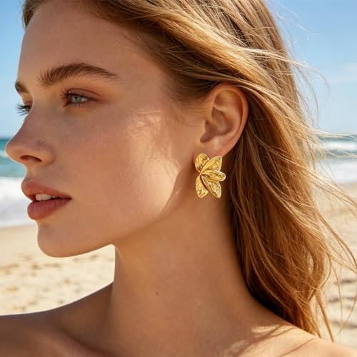Gold Statement Earrings For Women, 14K Gold Plated Textured Geometric Drop Earrings - Hypoallergenic Stainless Steel Statement Earrings for Women, Waterproof Fan-Shaped Dangle Earrings for Beach & Daily Wear - color: Flower DKE252074GL