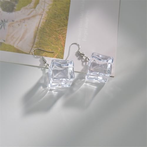 Ice Cube Acrylic Earrings Funny Irregular Clear Crystal 3D Long Transparent Square Geometric Lightweight Dangle Drop Earrings for Women Minimalist Hot Summer Holiday Christmas Unique Trendy Jewelry Gifts - style: Ice cube earring