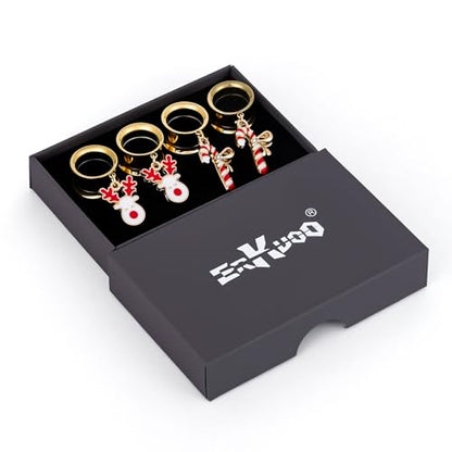 ERKUOO 4PCS Christmas Ear Tunnels Set Stainless Steel Double Flare Gold Tone Plug Gauges with Santa Snowman Reindeer Candy Cane Dangle Charms Holiday Stretching Jewelry Gift for Women Men 6mm-25mm - color: Reindeer & Candy Cane Set, size: 25mm