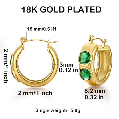 FRUMOS 18K Gold Plated Chunky Hoop Earrings for Women Fashion Thick Gold Hoops Set Jewelry for Birthday Christmas Gifts - color: Green CZ-2 Hoop