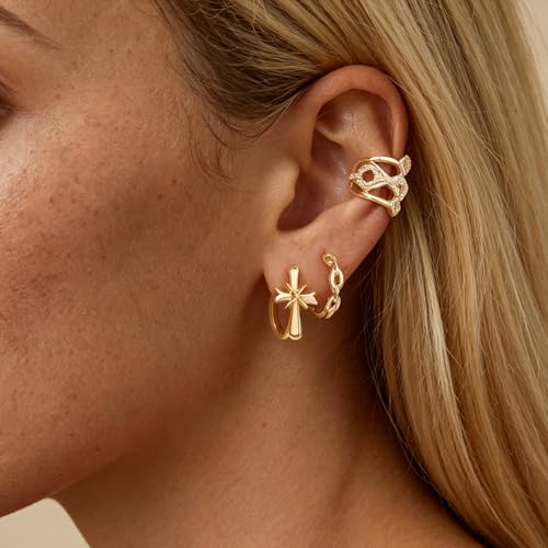 DREMMY STUDIOS Gold Dainty Huggie Hoop Earrings 18K Gold Plated Exquisite Open Tassel Dangle Charm Drop Sleeper Geometric Cross Coin Star Heart White CZ Simple Hypoallergenic Earrings for Women - color: Chain-A