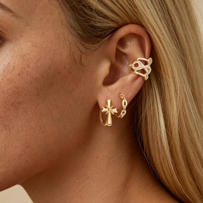 DREMMY STUDIOS Gold Dainty Huggie Hoop Earrings 18K Gold Plated Exquisite Open Tassel Dangle Charm Drop Sleeper Geometric Cross Coin Star Heart White CZ Simple Hypoallergenic Earrings for Women - color: Chain-A