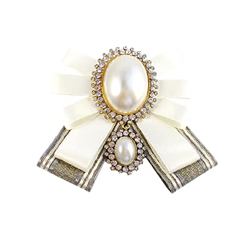 FASELE Bow Brooch Pre-Tied Neck Tie Pearl Brooch Pin Striped Bow Tie for Women Wedding Party Bow Tie - color: White/Pin