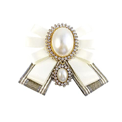FASELE Bow Brooch Pre-Tied Neck Tie Pearl Brooch Pin Striped Bow Tie for Women Wedding Party Bow Tie - color: White/Pin