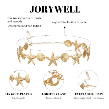 14K Gold Plated Waist Chain for Women Layered Waist Beads Belly Chain Belt, Waterproof Summer Beach Body Jewelry for Bikini, Festival Vacation Accessories for Women - style: Big Shell Star