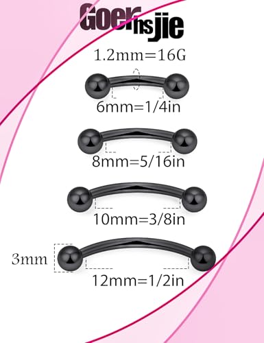 16g 6/8/10/12mm Silver/Black Eyebrow/Rook/Snug/Vertical-Labret/VCH/Snake-Eyes/Anti-Tragus/Christina/Daith/Belly-Button/Bridge/Hood/Surface Curved Barbell Piercing Jewelry for Women Men - color: Silver+Black