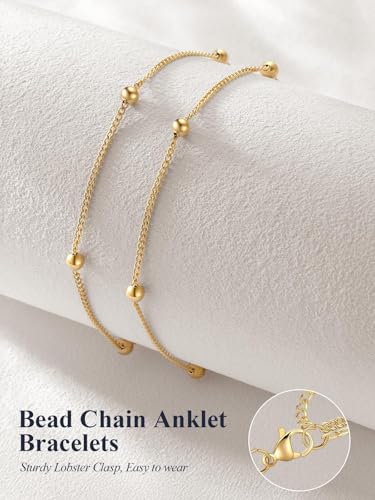U7 Silver/Gold/Black Ankle Bracelets for Women Layered Chain Anklets | Stainless Steel Anklets Waterproof Summer Beach Anklet Charm, Adjustable 8.5"-10.5",Layered Anklet Fashion - color: Gold - Layered Ball Chain