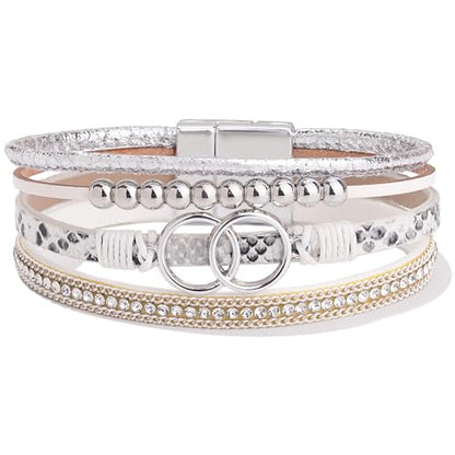 FANCY SHINY Boho Leather Wrap Bracelet Stackable Infinity Chunky Cuff Bracelets Western Hippie Outfits Jewelry Valentine Gifts for Women - color: Snakeskin White