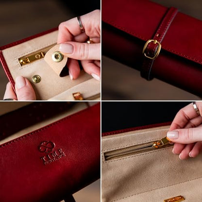 Time Resistance Leather Jewelry Roll - Full Grain Leather Travel Jewelry Case - Jewellery Organizer Made in Italy (Red) - color: Red