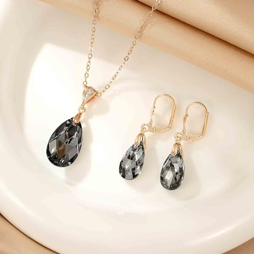 Austrian Crystals Teardrop Pendant Necklace Earrings for Women 14K Gold Plated Hypoallergenic Leverback Drop Dangle Earrings Jewelry Set - color: Black