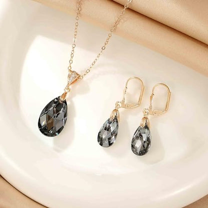 Austrian Crystals Teardrop Pendant Necklace Earrings for Women 14K Gold Plated Hypoallergenic Leverback Drop Dangle Earrings Jewelry Set - color: Black