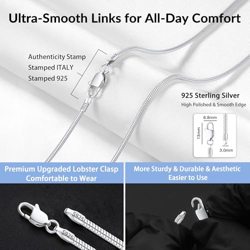 Jewlpire 1.5mm 2mm 2.5mm Snake Chain 18k Gold Plated 925 Sterling Silver Chain Necklace for Women, Smooth Sturdy Hypoallergenic, 16 18 20 22 24 Inch - color: 2.0mm Silver, size: 24 Inches