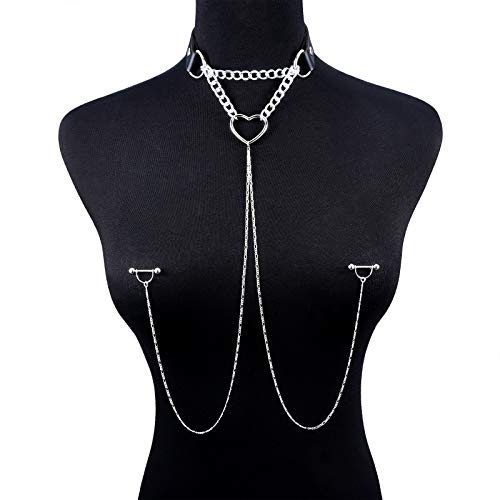 Nipple Ring with Choker Necklaces Stainless Steel Nipple Rings Chain Heart Cat Head Punk Chokers for Women Nipple Barbell Piercing Jewelry - color: Black PU Leather Heart with Chain Style