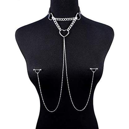 Nipple Ring with Choker Necklaces Stainless Steel Nipple Rings Chain Heart Cat Head Punk Chokers for Women Nipple Barbell Piercing Jewelry - color: Black PU Leather Heart with Chain Style