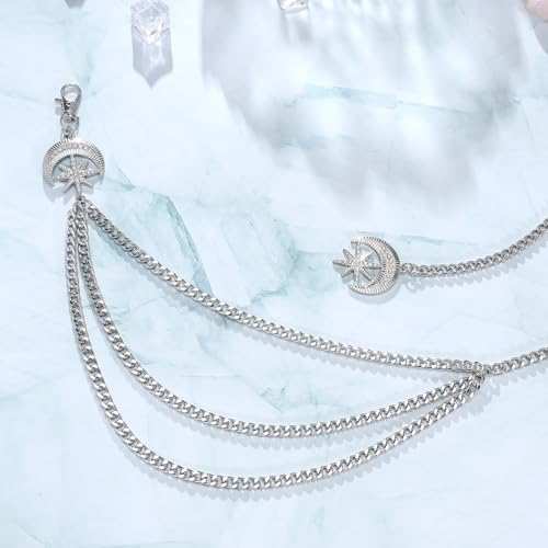 3 Layered Metal Waist Chain Belt for Women Moon & Sun Belly Belt Body Chain Jewelry for Dress Jeans - color: Silver-Rhinestone