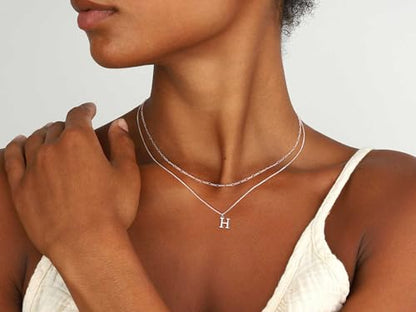 MBW Dainty Silver Layered Initial A-Z Pendant Necklaces for Women Thin | Simple Waterproof 925 Silver Plated Necklace Figaro Choker Monogram Name Jewelry Set Personalized - color: Silver InitIal NK-H