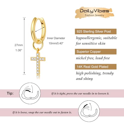 DAILY VIBES Cute Butterfly Star Cross Heart CZ Dangle Earrings for Women | 925 Sterling Silver Post, 14K Gold or Silver Plated, Mini Cubic Zirconia Dainty Drop, Cartilage Small Huggie Hoop Earrings - color: Gold Cross CZ