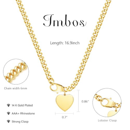 IMBOS 14K Gold Plated Chunky Chain Choker Necklaces for Women Chunky Gold Necklace Tennis Necklace for Women CZ Love Chain Cuban Link Choker Jewelry Gifts - color: Gold-Chunky Cuban Heart
