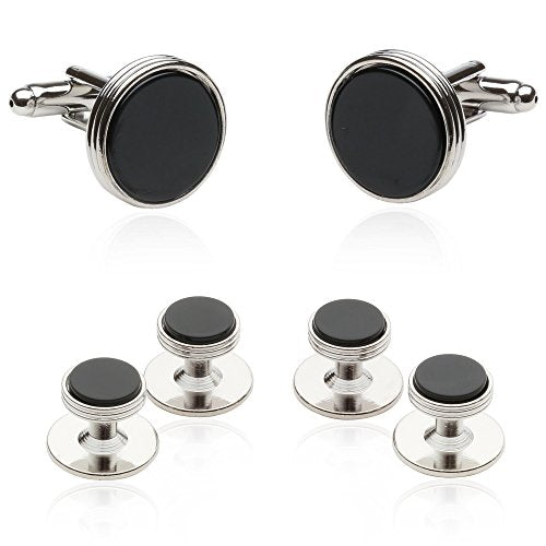 Men's Tuxedo Cufflinks and Studs Set – Genuine Black Onyx & Silver Tone Formal Jewelry – Wedding, Black Tie, Gala & Formal Dinner Accessories – Groomsmen Gift in Presentation Box