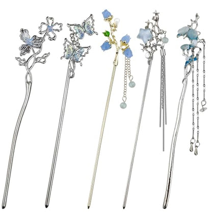 5PCS Butterfly Flower Hair Sticks for Buns Long Hair Chinese Hanfu Asian Vintage Hair Chopsticks Metal Silver Hair Bun Updo Holders Long Hairpins for Women Girls