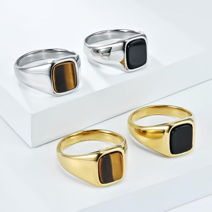 PAMTIER Men's Stainless Steel Gemstone Polished Signet Rings Classic Minimalist Square Cabochon Statement Band Jewelry Gift - color: Gold Yellowish-Brown