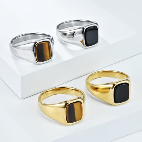 PAMTIER Men's Stainless Steel Gemstone Polished Signet Rings Classic Minimalist Square Cabochon Statement Band Jewelry Gift - color: Gold Black
