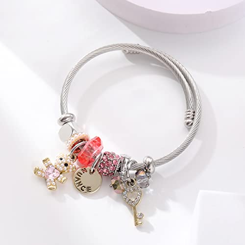 DS Charm Bracelets for girls,exquisite cute cartoon friendship bracelets Silver Stainless Steel Bangle with birthday Gift box, Adjustable girls jewelry Suitable for holiday gifts - style: Silver-pink bear