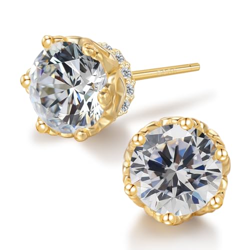 Hypoallergenic Cubic Zirconia Stud Earrings for Women & Men 24K Gold Plated Sterling Silver Post, CZ Simulated Diamond Halo Studs Sensitive Ear Friendly Gift (ED-31) - color: Gold 04