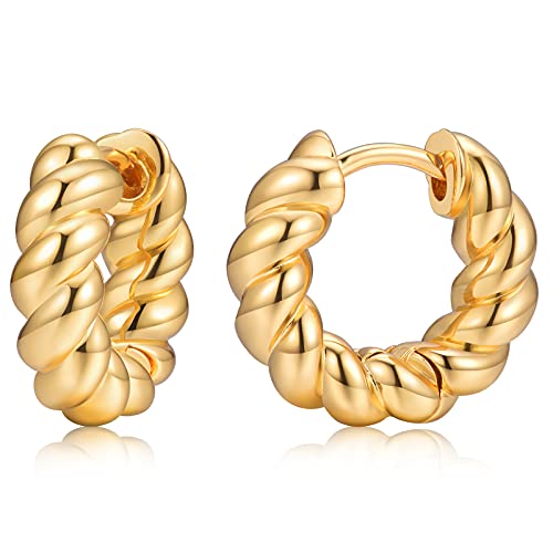 Small Huggie Hoop Earrings For Women, Real Gold Plated Croissant Square Round Earrings Lightweight Everyday Jewelry Hypoallergenic for Sensitive Ears - color: Gold Slim Twist