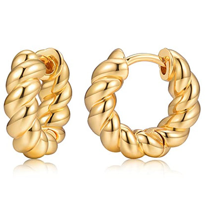 Small Huggie Hoop Earrings For Women, Real Gold Plated Croissant Square Round Earrings Lightweight Everyday Jewelry Hypoallergenic for Sensitive Ears - color: Gold Slim Twist