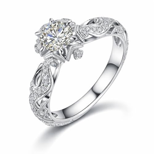 925 Sterling Silver Plated Diamond Ring Hollow Out Flower Ring Cz Simulated Diamond Star Ring Crystal Rings Delicate Everyday Ring for Women (Silver, 8) - size: 8