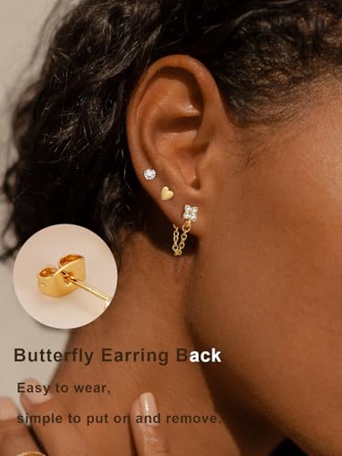 Hypoallergenic Small Gold Stud Earrings for Women 14K Gold Plated CZ Chain Hoops Hypoallergenic Earrings Dainty Clover Flower Heart Bow Stud Earrings for Jewelry Gift - color: gold