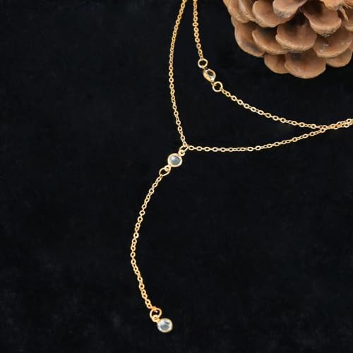 14K Gold Plated Y Necklace for Women – Dainty Lariat Long Pendant Chain, Layered Drop Necklace for V Neck Dress, Simple Sexy Cleavage Jewelry Gifts for Women - color: Gold - Double layered - Zircon